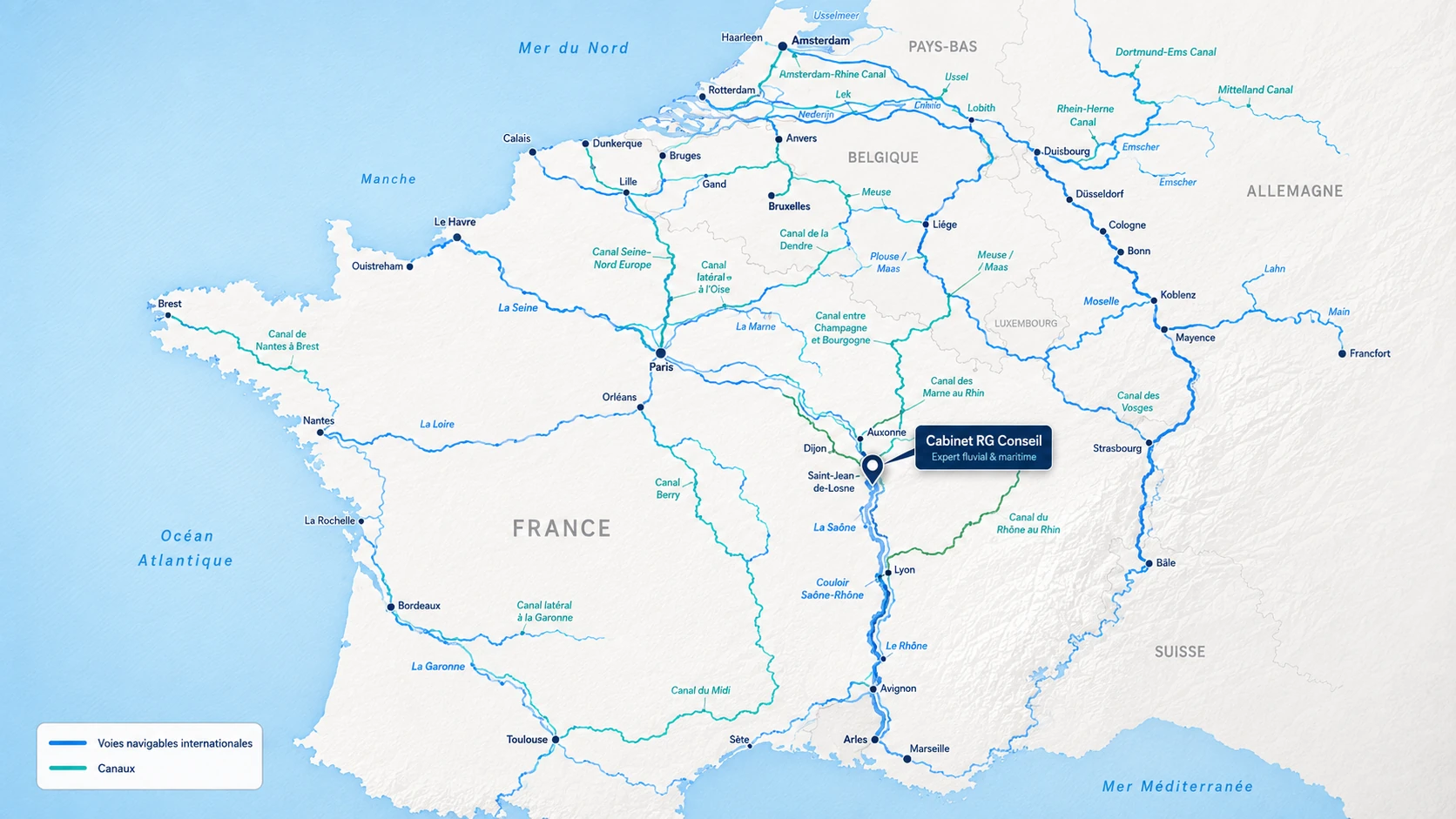 Map of inland waterways in France, Belgium, the Netherlands and Germany, showing the location of Cabinet RG Conseil in Burgundy.